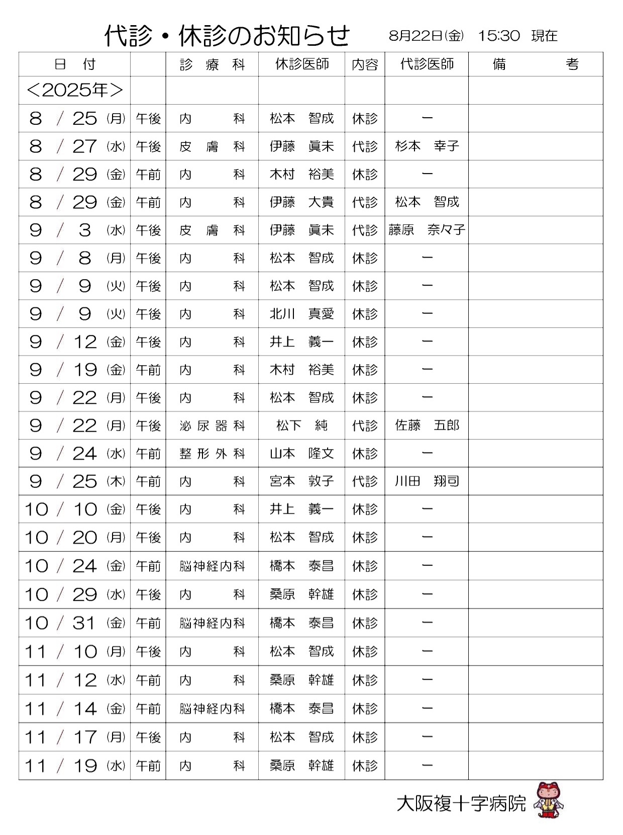 代診・休診のお知らせ8月22日（金）15:30 現在_01