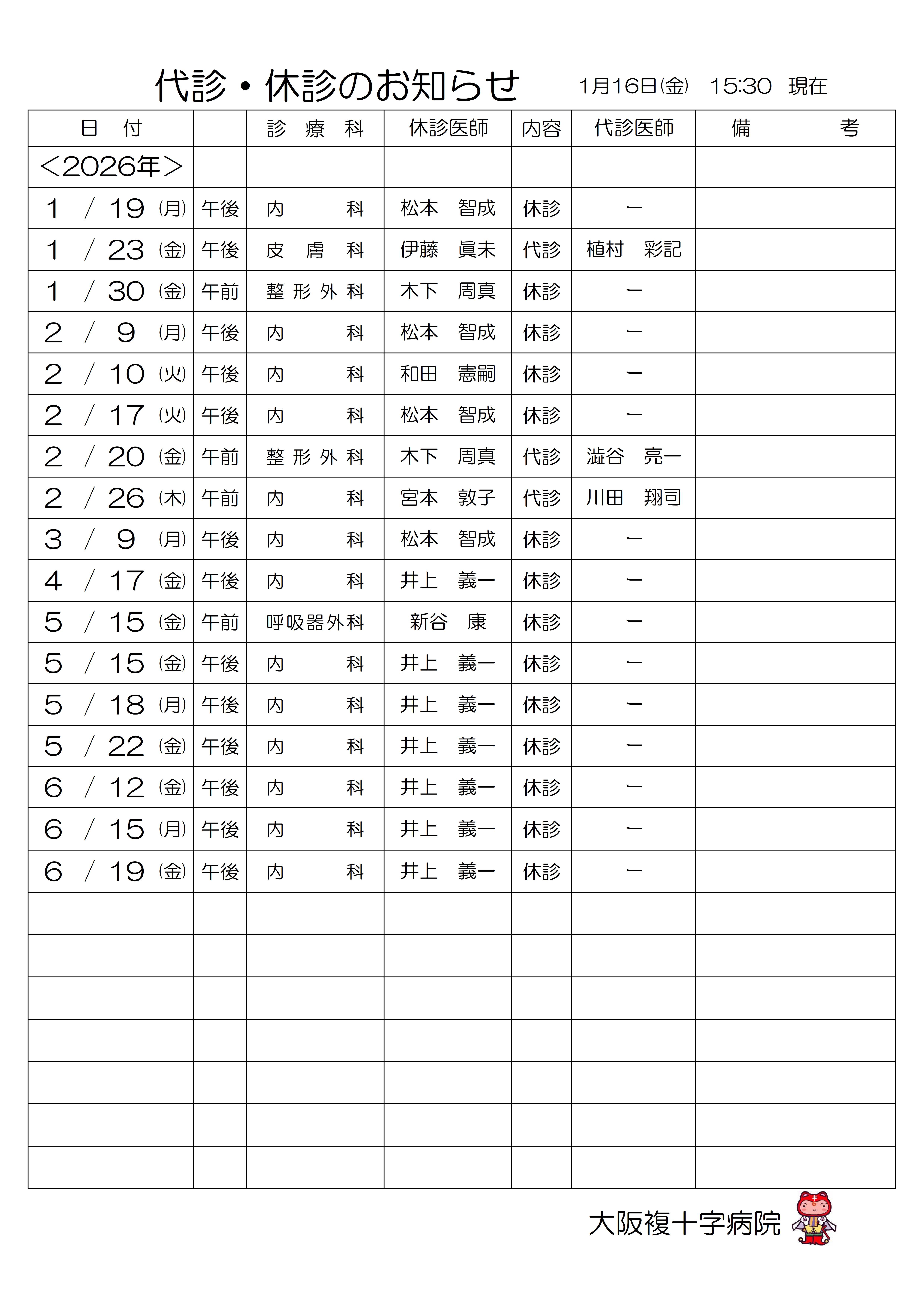 代診・休診のお知らせ1月16日（金）15:30 現在